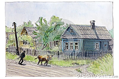 Illustration made by sketch felt-tip pen.Rustic wooden houses in summer. Stock Photo