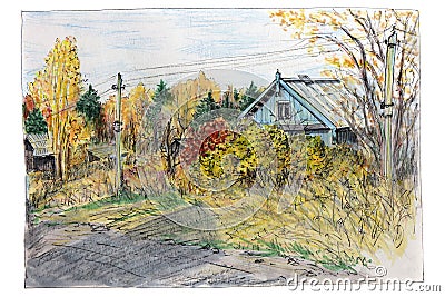 Illustration made by sketch felt-tip pen.Village house. Stock Photo