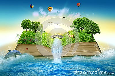 Illustration magic opened book covered with grass trees waterfall Stock Photo