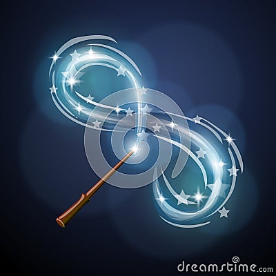 Illustration of a magic wand that makes magic, a bright burst of light from stars. Concept for magic, fairy tales Vector Illustration