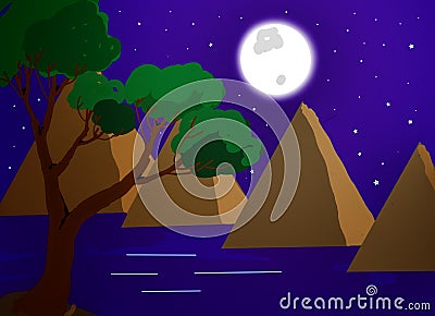 Illustration Of Magical Starry, Moon Night With Rock And River, On Landscapes Background. Stock Photo