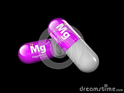 Illustration of Magnesium mineral. Glossy drop pill capsule and vitamin complex. Healthy life medical dietary supplement Cartoon Illustration