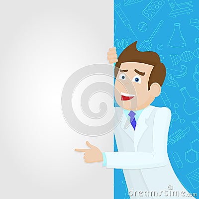 Illustration with Male doctor in a lab coat points to a blank banner on a blue background with icons on a theme medicine Vector Illustration