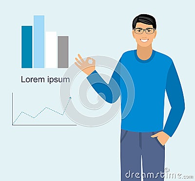 An illustration of a male doing a perfect sign and pointing at a graphs Vector Illustration