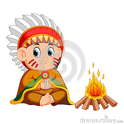 Male north american indian sitting before a fire Vector Illustration