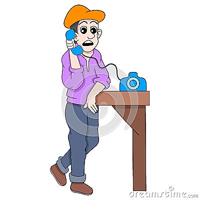 Illustration of a male repair shop worker receiving a phone call for a car repair service Vector Illustration