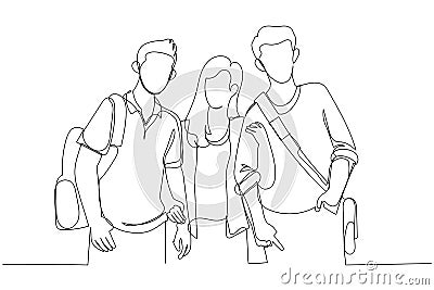 Illustration of males and female students standing posing looking to camera. Single line art style Vector Illustration