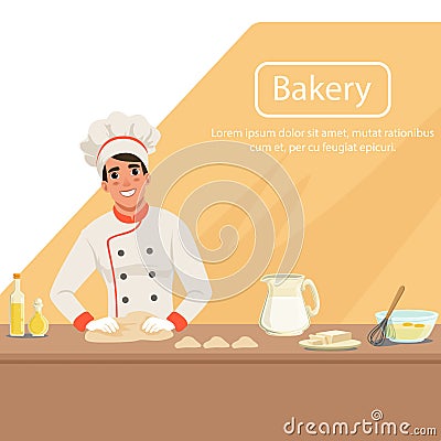 Illustration with man baker character kneading dough on the table with products. Male in uniform, chef s hat and apron Vector Illustration