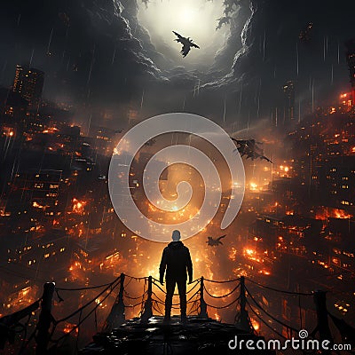 Illustration of man facing alien creature Stock Photo