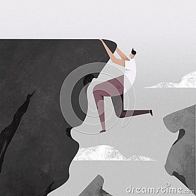 Illustration of a man hanging on a cliff edge Stock Photo