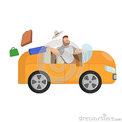 Illustration of man with a hat that rides in an orange car out of a suitcase Vector Illustration