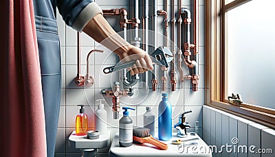 Hand wielding a wrench amidst bathroom plumbing and toiletries. generative ai Stock Photo