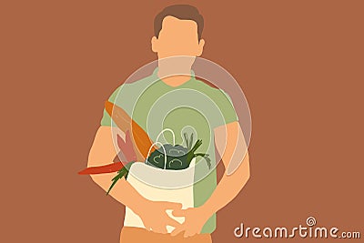 Illustration of a man with shopping bag full of fresh groceries Vector Illustration