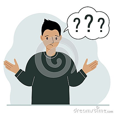 Illustration of a man who is confused, questioning. Want to find answers. People around the question mark. Man Vector Illustration
