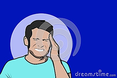 illustration of a man who has a headache and is dizzy thinking about his household needs on blue background Stock Photo