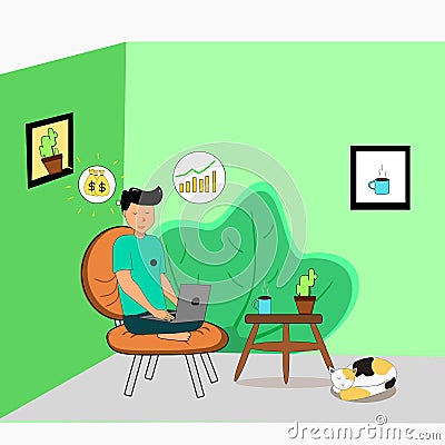 The illustration of man working from home and stay productif. work from home while coronavirus attacked Vector Illustration