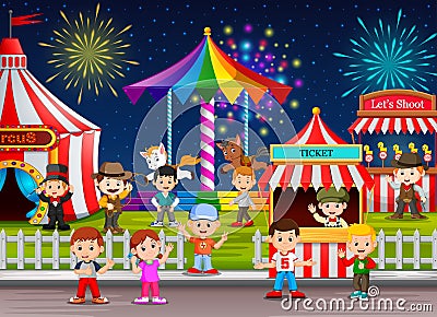 Many Childrens and people worker having fun in amusement park at night Vector Illustration
