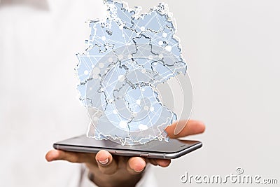 Illustration of the map of Germany connected with dots on top of the phone in the hands of a man Cartoon Illustration