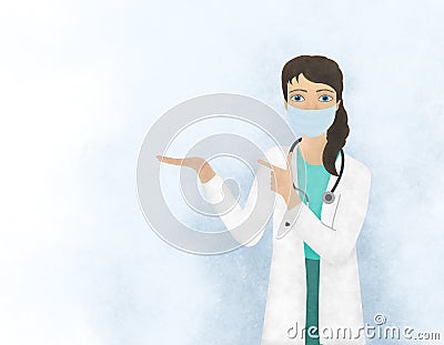 Illustration of a masked female doctor who points her palm and finger to the side Stock Photo