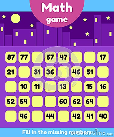 Illustration. Math game for preschool and school age children. Fill the missing numbers. Find a sequence. Vector Illustration