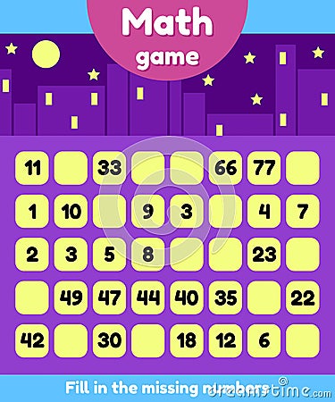 Illustration. Math game for preschool and school age children. Fill the missing numbers. Find a sequence. Vector Illustration
