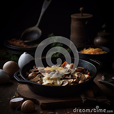 Illustration of meal in iron skillet in dark kitchen setting. Frying pan full of mushrooms and cheese. Stock Photo