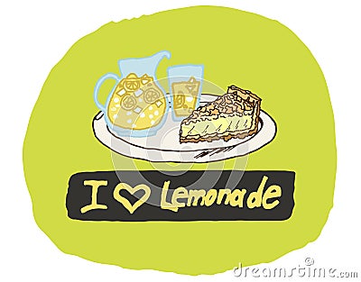 Illustration of a meal with lemonade and pie. Lemonade, lemon pie, ice, summer time, ready to use, eps. For your design Vector Illustration