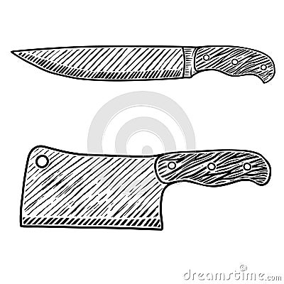 Illustration of meat cleaver and butcher knife in engraving style. Design element for logo, label, emblem, sign, badge. Vector Illustration