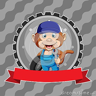 The mechanic monkey holding the wheels and wrench in his hand for the workshop logo inspiration Vector Illustration