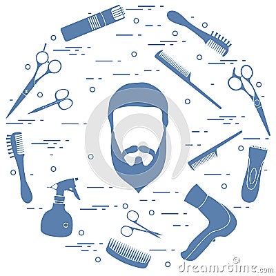 Illustration of men hairstyles, beards and mustaches, hairdresser tools care. Vector Illustration