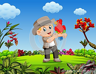 The men are playing with parrot bird in the forest Vector Illustration
