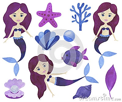 Mermaid watercolor beautiful set of illustrations Maritime collection of fairytale characters Underwater landscape corals starfish Cartoon Illustration