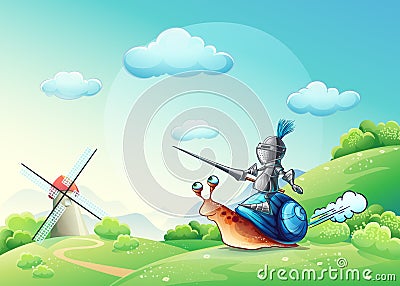 Illustration merry knight attacking the mill on the cochlea Vector Illustration