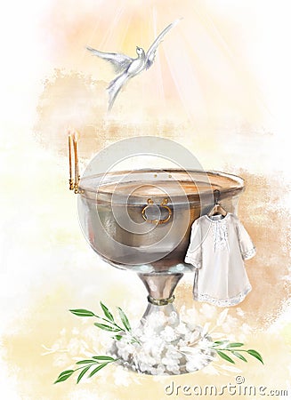 illustration a metal font in a church for the baptism of children and a white baptismal shirt Cartoon Illustration