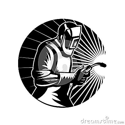 MIG Welder Arc Welding with Welding Torch Side View Circle Retro Black and White Vector Illustration