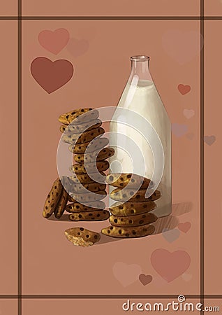 Illustration of milk and cookies - the best sweet, tasty breakfast combination Stock Photo