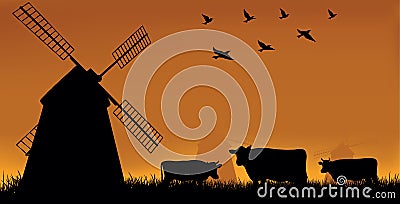 Illustration, mill and cow on a meadow. Vector Illustration