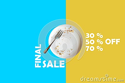 Illustration in the minimalist style of the finish sale. An empty plate with the remains of food means that the goods Stock Photo