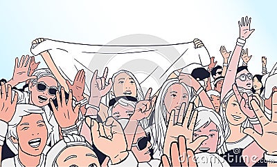 Illustration of mixed ethnic crowd cheering with raised hands at music festival Vector Illustration