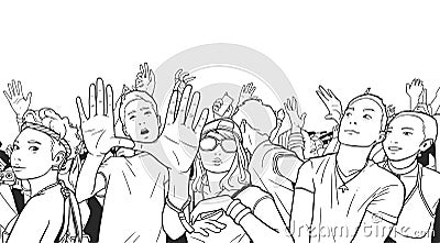 Illustration of mixed ethnic crowd cheering with raised hands at music festival Vector Illustration