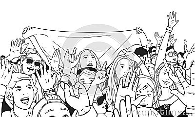 Illustration of mixed ethnic crowd cheering with raised hands at music festival Vector Illustration