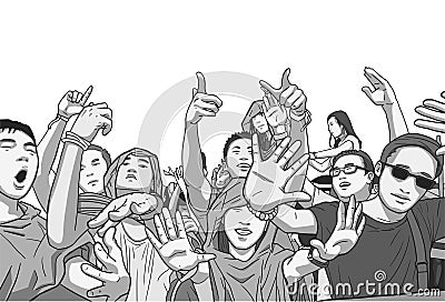 Illustration of mixed ethnic festival crowd partying in the rain Stock Photo