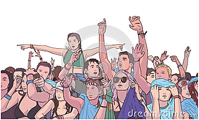 Illustration of mixed ethnic festival crowd partying in the rain Stock Photo