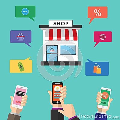 Illustration is a mobile online purchase through the application. There are many options available through the icons. Can be u Vector Illustration