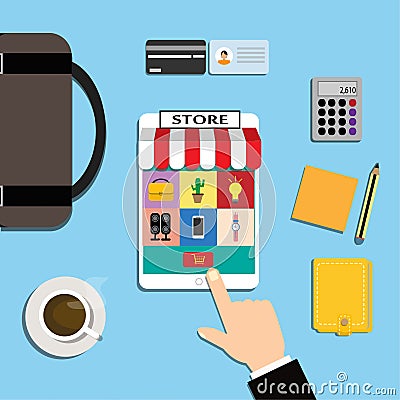 Illustration is a mobile online purchase through the application. There are many options available through the icons. Can be u Vector Illustration