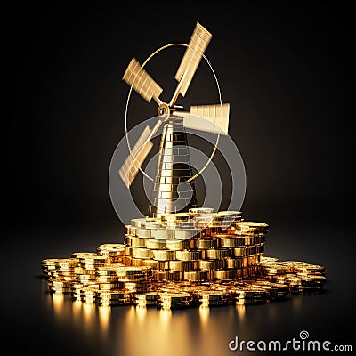 illustration of model of golden windmill that stands on gold bars. successful green energy business Cartoon Illustration