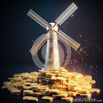 illustration of model of golden windmill that stands on gold bars. successful green energy business Cartoon Illustration