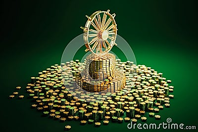 illustration of model of golden windmill that stands on gold bars. successful green energy business Cartoon Illustration