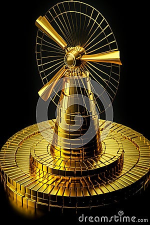 illustration of model of golden windmill that stands on gold bars. successful green energy business Cartoon Illustration