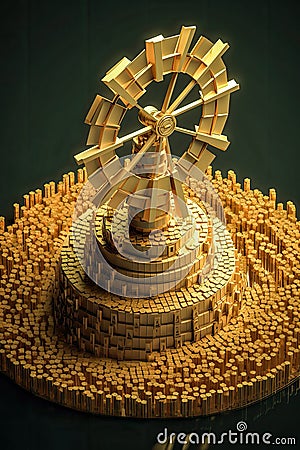 illustration of model of golden windmill that stands on gold bars. successful green energy business Cartoon Illustration